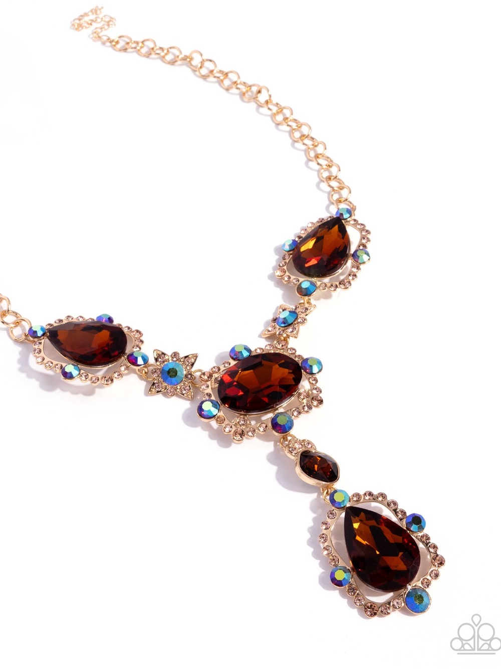 Gold-Tone Amber Teardrop and Crystal Statement Necklace